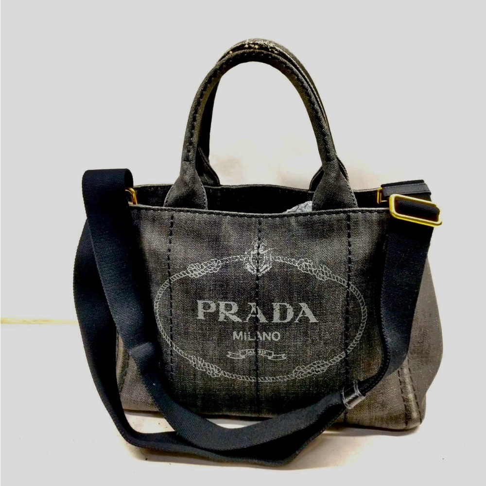 Prada Black/Gray Denim Small Canapa Tote w/ D-Rings & Original Crossbody Strap